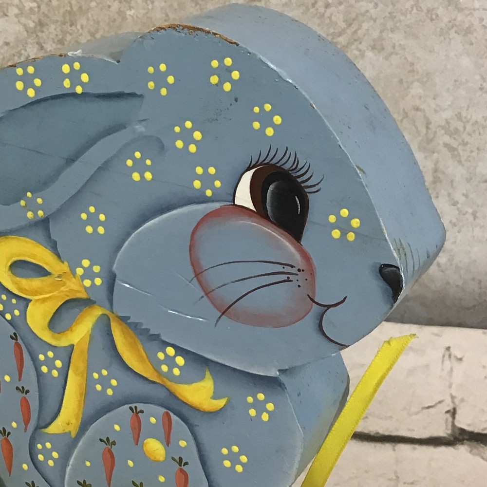 Vintage Pull-Along Toy Hand Painted Wooden Spring Bunny Rabbit Blue Flawed