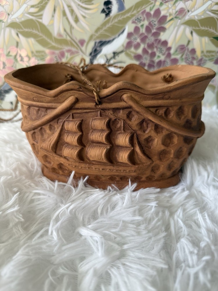 Handmade Terracotta Planter Featuring A Beautiful Sail Boat