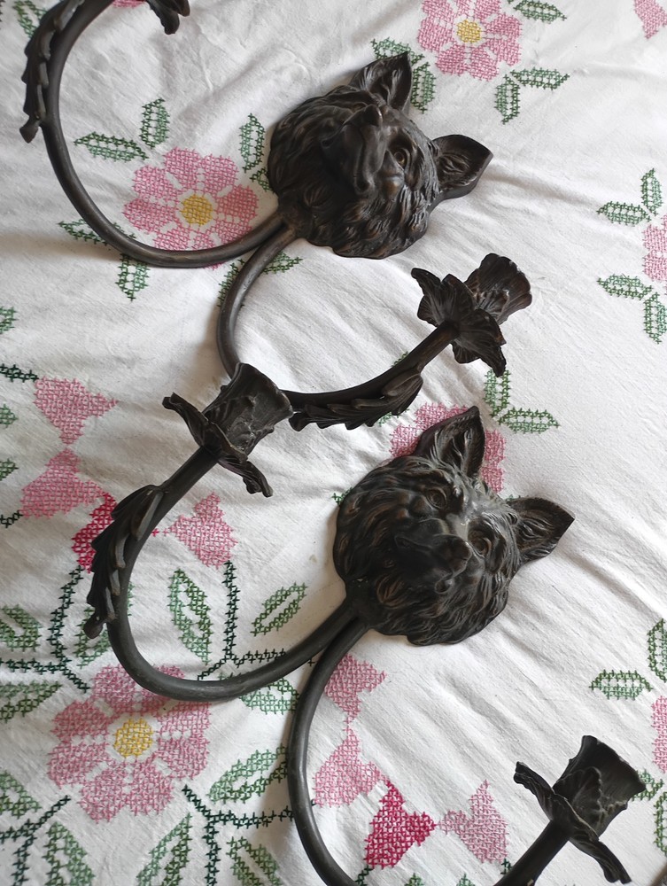 Pair Of Cast Iron Wolf Head Wall Sconces. Pair Double Sconce