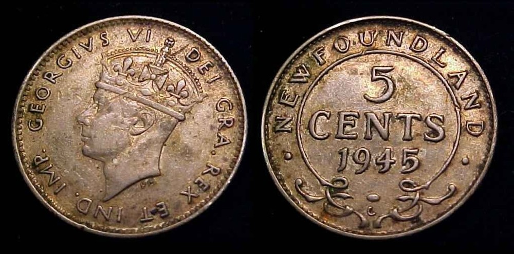 NEWFOUNDLAND 1945 C Silver Five Cents AU