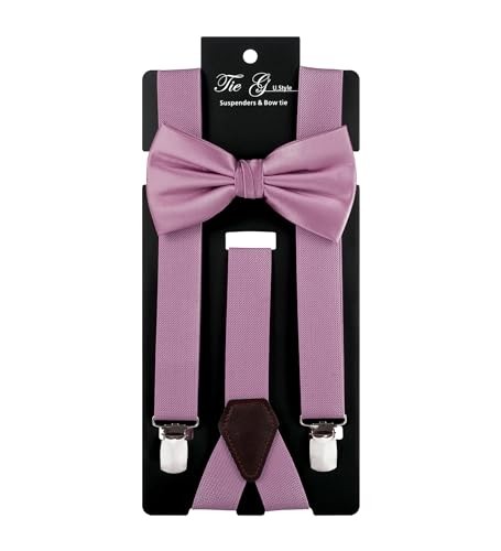 TIE G Solid Color Men's Suspender + Woven Bow Tie Set for Wedding : Raspberry