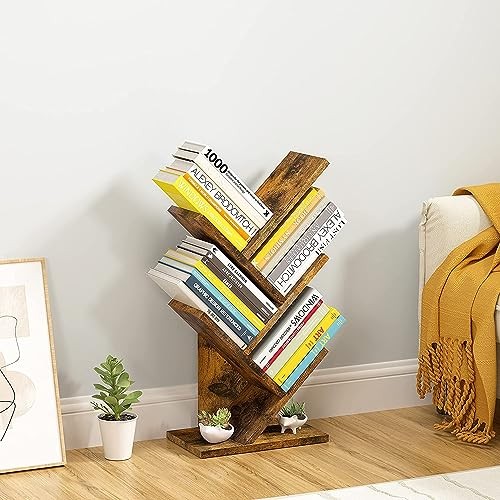 Tree Bookshelf, 4 Shelf Bookcase, Modern Book Storage, 4 Tier Rustic Brown
