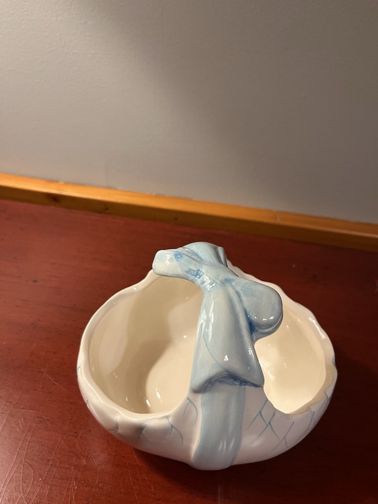Vintage Ceramic Planter With Blue Bow Accent