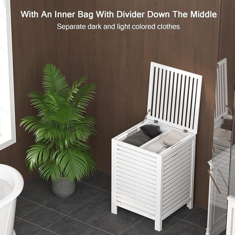 Bamboo Laundry Hamper W/ Lid Dual Sections Removable Liner Dustproof Basket New