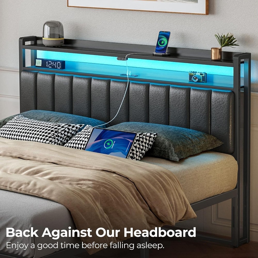 Contemporary Full Bed Headboard with LED Lights, USB Port & Storage Options-