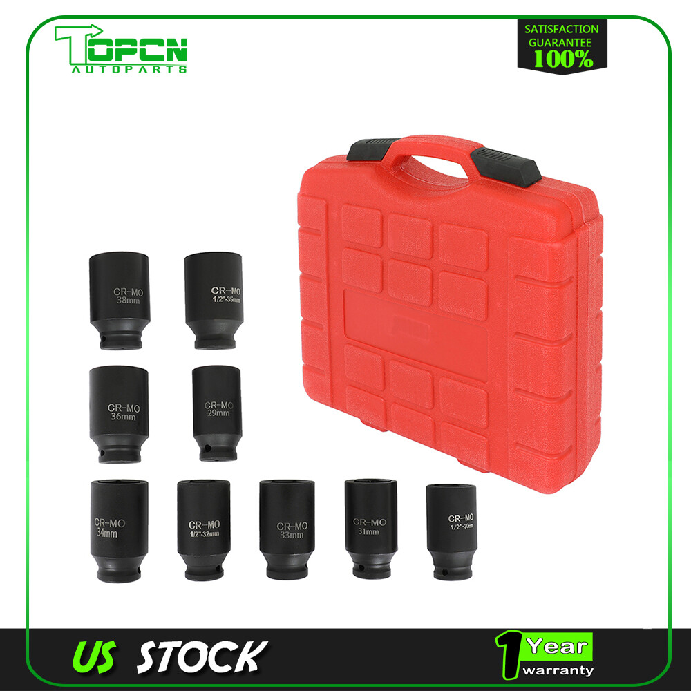 9pcs Deep Impact Socket Set 1/2" Drive Metric Axle Hub Nut Socket 29-38mm