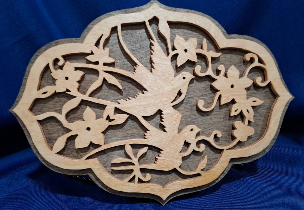Birds and Flowers Handcut scrollsaw woodworking with backing board ready to hang
