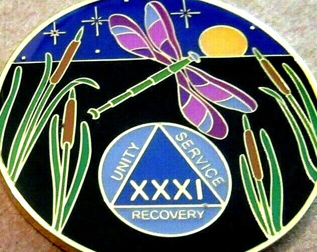 Black Gold Blue DragonFly Alcoholics Anonymous AA 31 year Medallion Token Coin