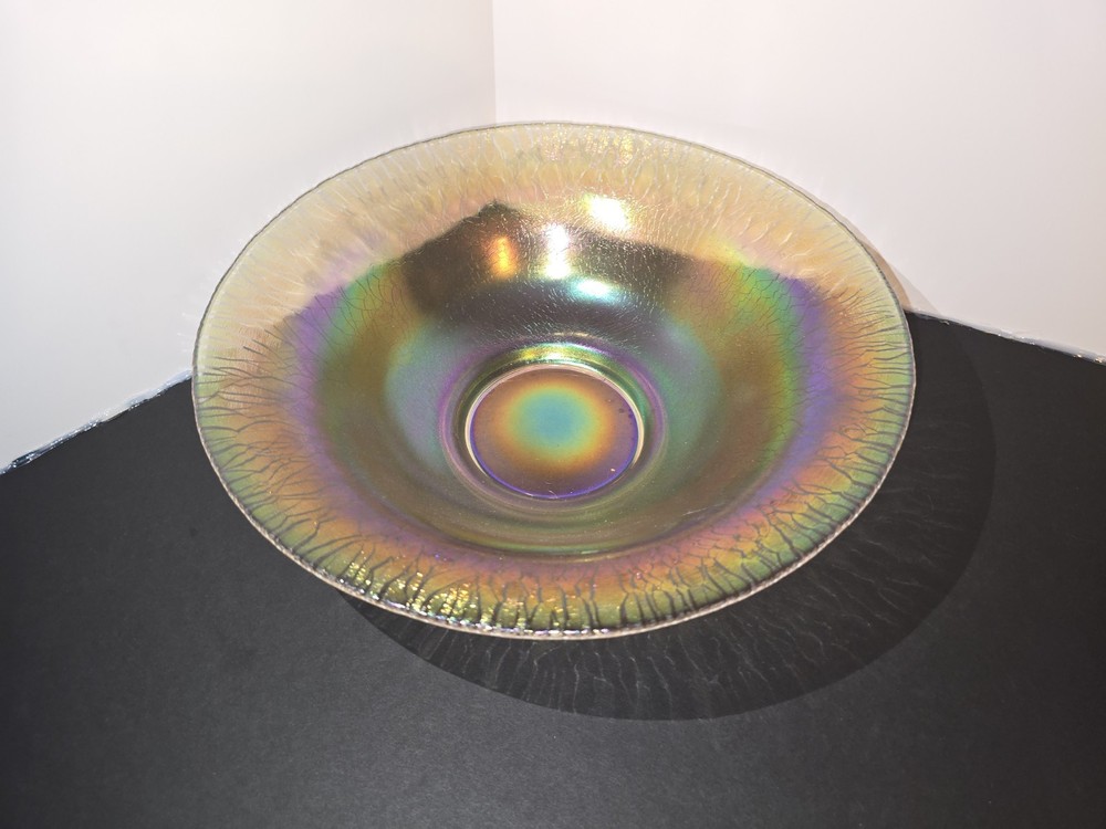 Multicolor Iridescent Stretch Glass Round Decorative Fruit Bowl (No Makers Mark)