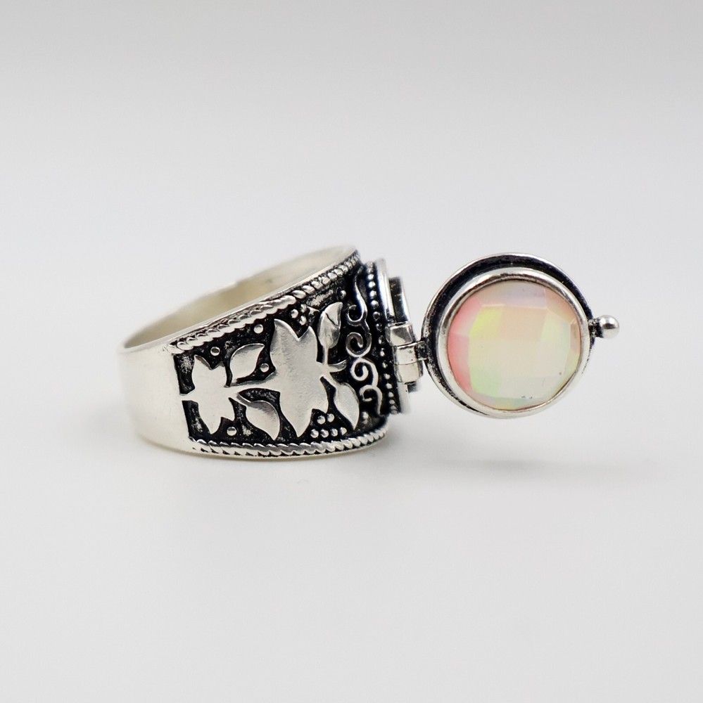 Aurora Opal Poison Ring, 925 Silver Platted Ring, Compartment Pill Box Ring