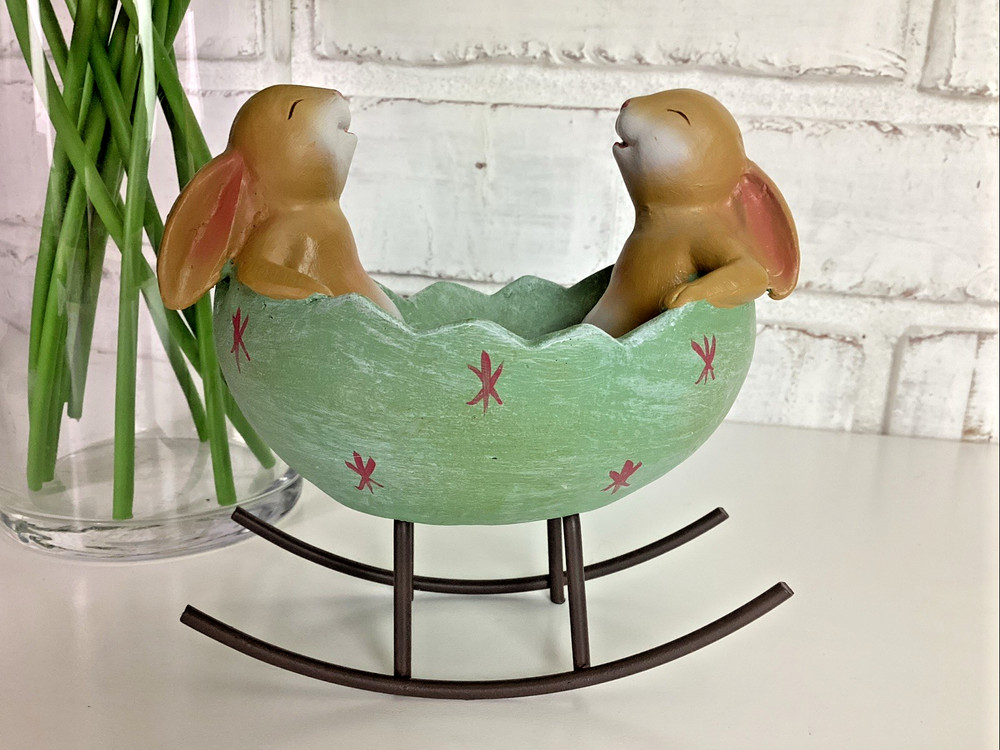 Bunny Rabbits in Rocking Easter Egg Cradle Decoration