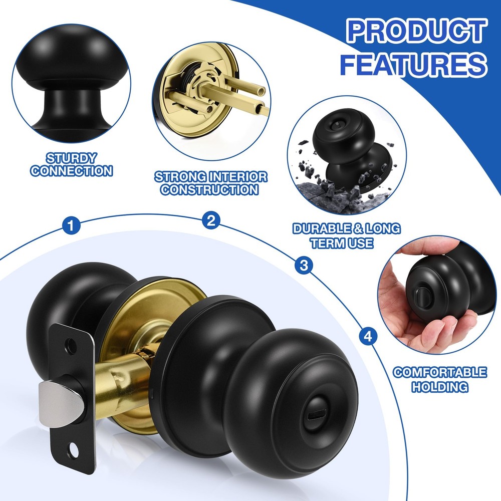 Plustool 6 Pack Matte Black Door Knobs, Privacy Knob with