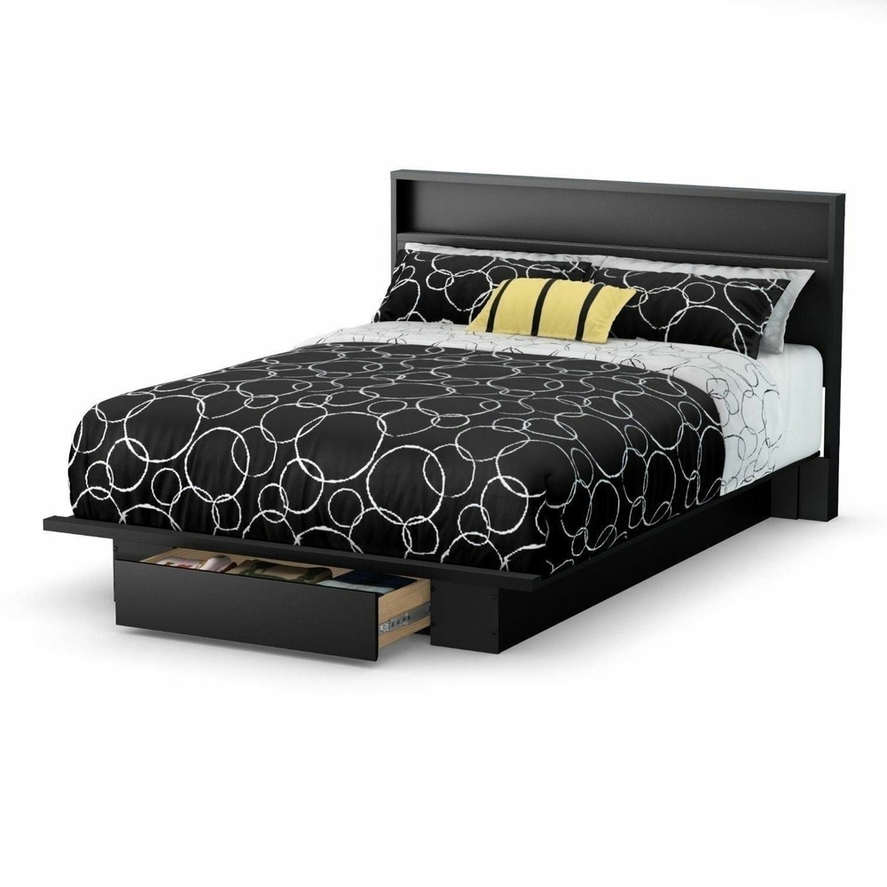 Black Full Queen Wooden Panel Headboard Shelf Cut Out Bed Frame Mount Storage