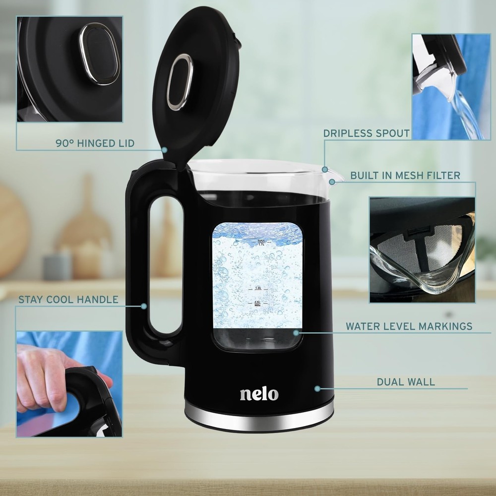 NELO Electric Kettle with Keep Warm Function, Sleek Glass Window Double Wall ...