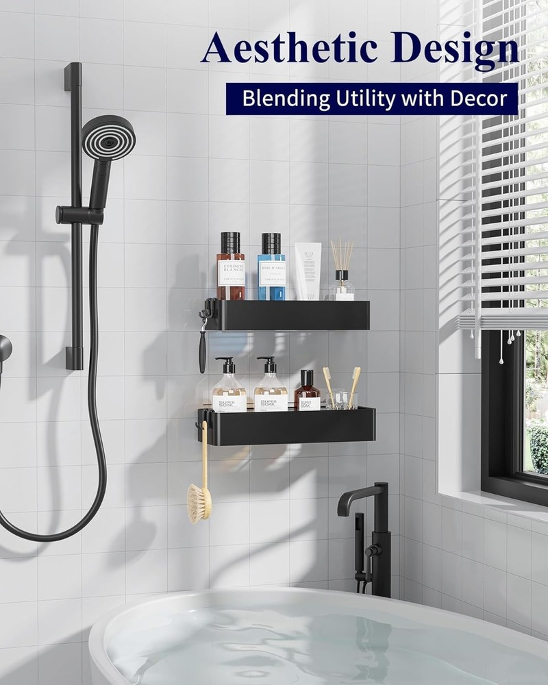 Easy Installation Shower Shelves - 2 Pack Rustproof Black Caddies with Adhesive