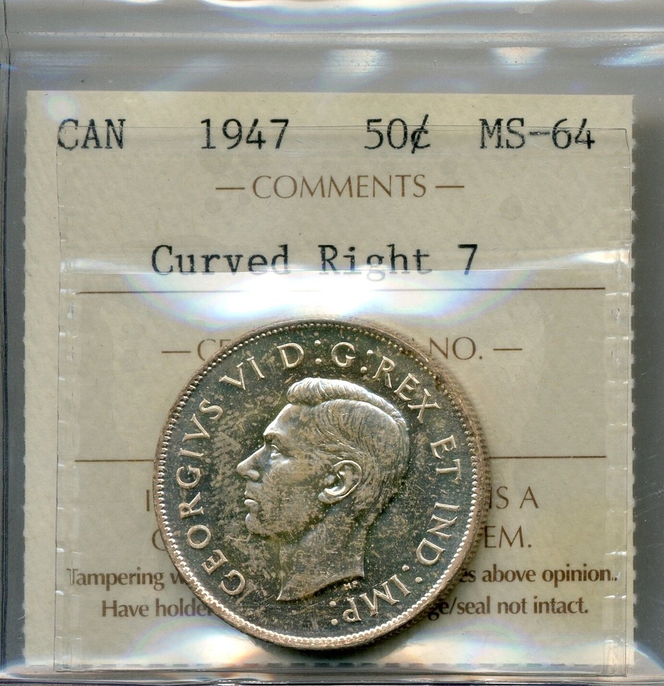 1947 Canada 50 Cents, Curved Right 7 - Choice Uncirculated, ICCS MS64