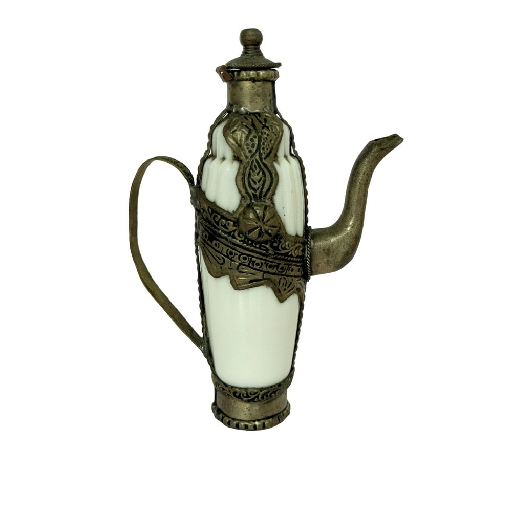 Vtg Middle Eastern White Fluted Ceramic Pot Metal Handle Lid Ornate Brass