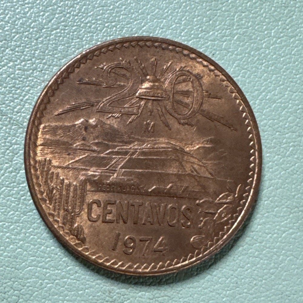 1974 MEXICO 20 CENTAVOS BRILLIANT UNCIRCULATED RED RD