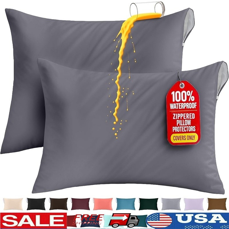 Waterproof Zippered Pillow Encasements Bed Bug Dust Mite Proof Machine Washable