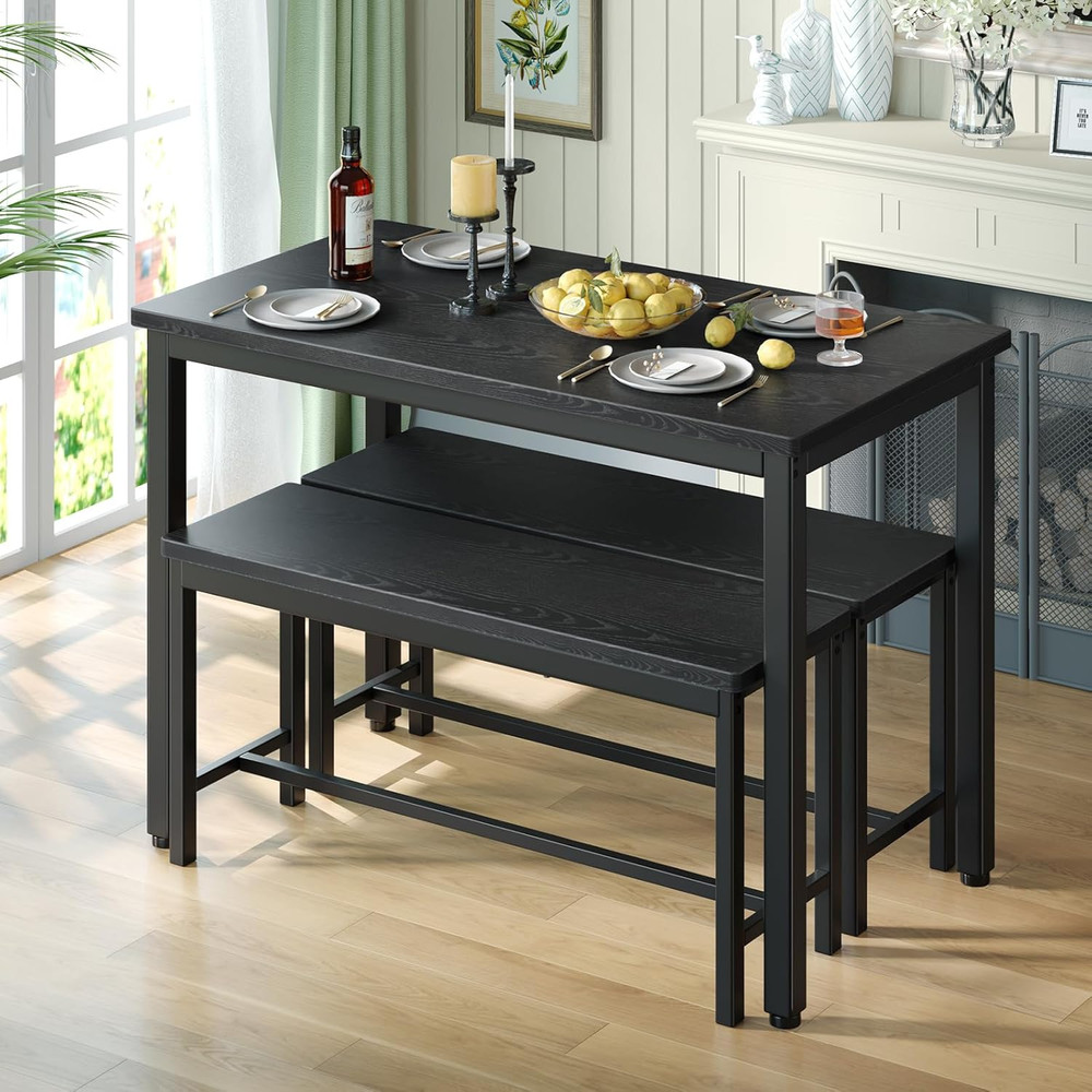 Tatub Dining Table Set for 4, 3-Piece Kitchen Table with 2 Benches, Space-Saving