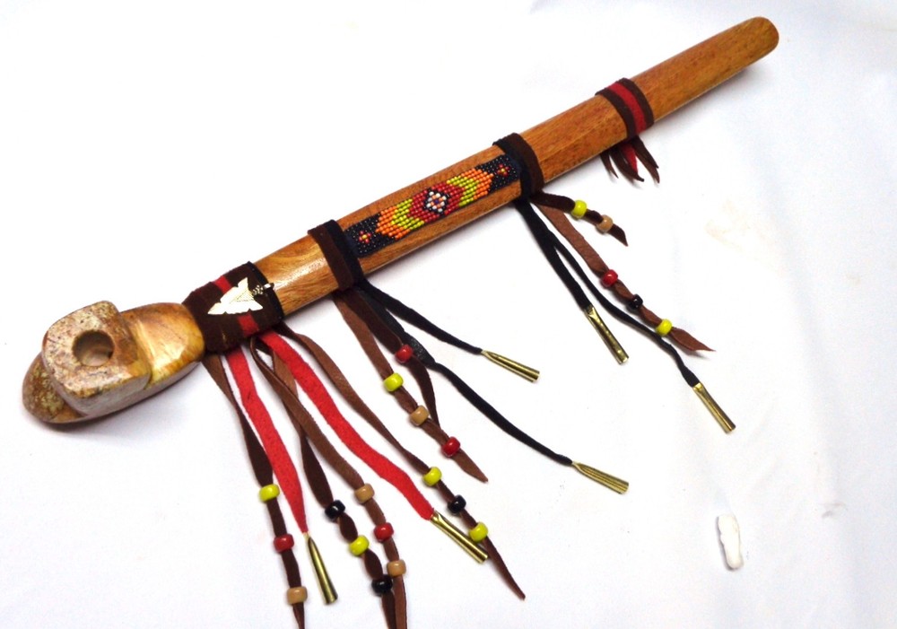 18" Marbled Soapstone Peace Pipe, Apache Arrowhead Spirit Peacepipe