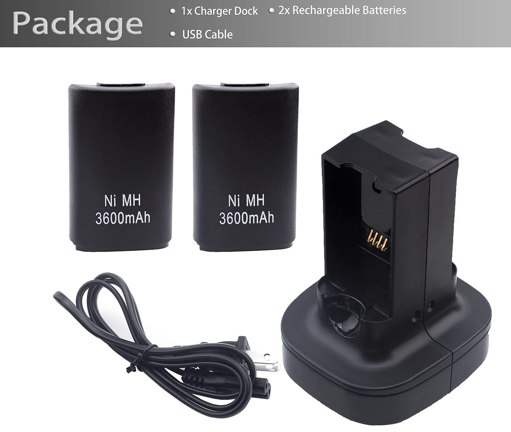 2-Pack Xbox 360 Controller Rechargeable Battery (3600Mah) with Dual Charging Doc