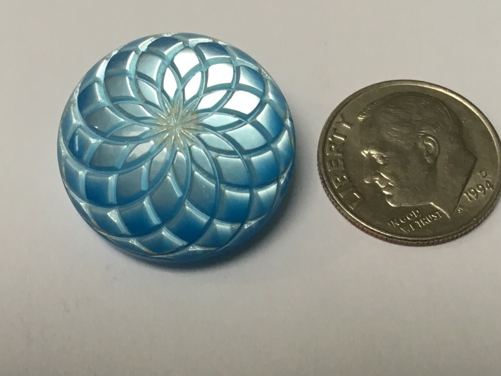 Vintage blue lucite button self shank carved 7/8"