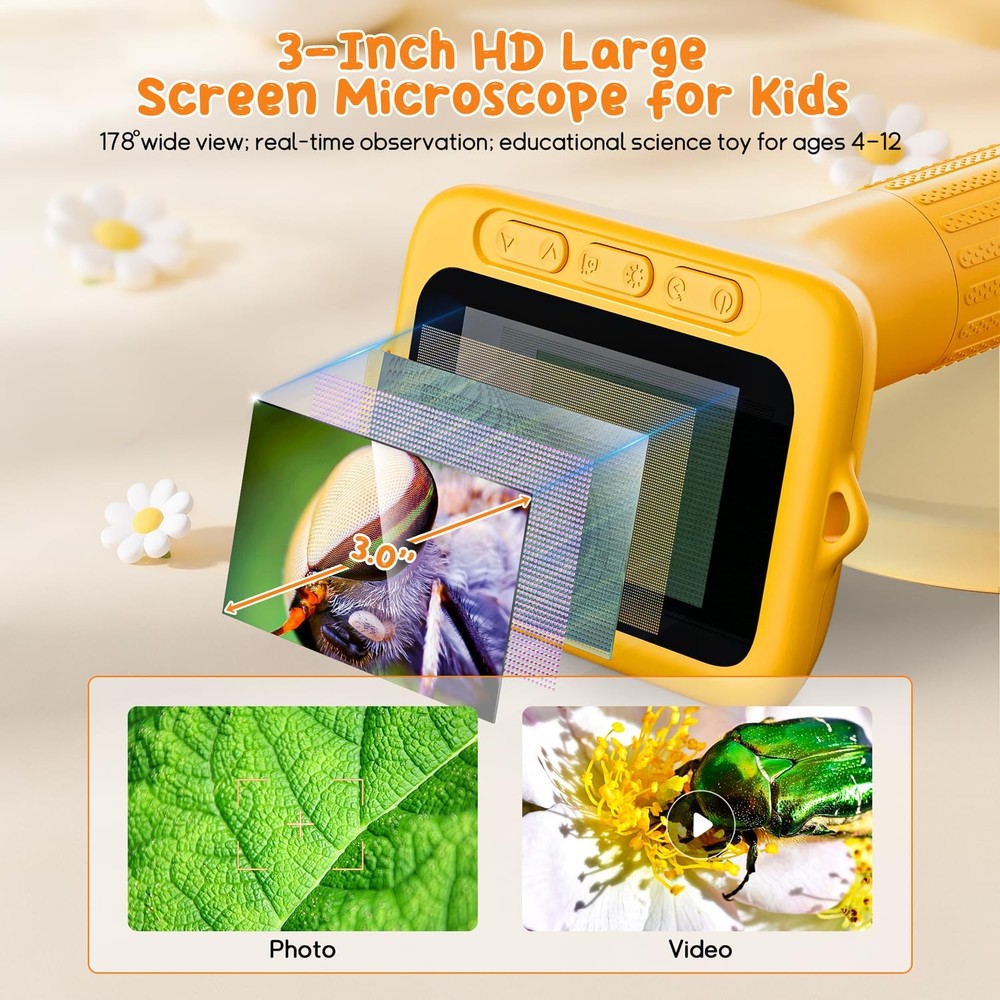 SKYBASIC Digital Microscope for Kids, 3" Screen 1000X Handheld Microscope HD ...