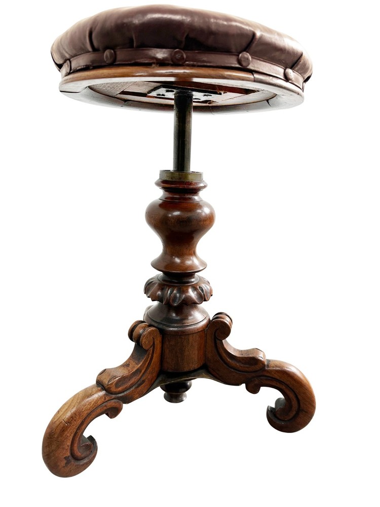 Victorian Piano Stool Carved Column Triple Scroll Support & Leather Top - 1860's