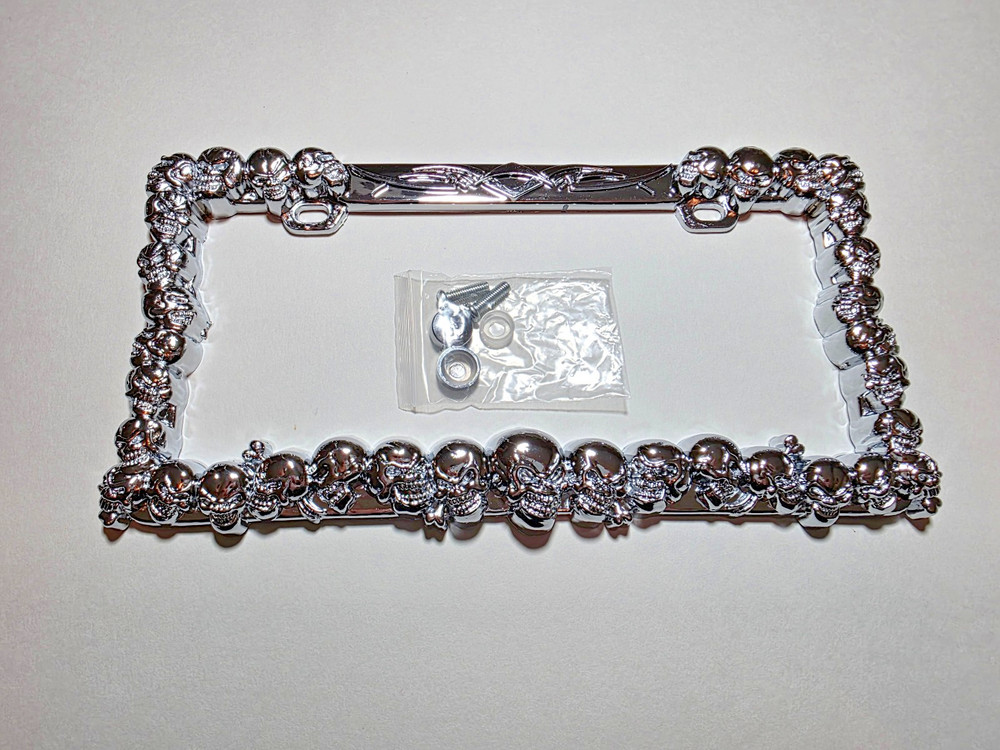 Chrome Skull License Plate Tag Frame Holder Universal - Hardware Included
