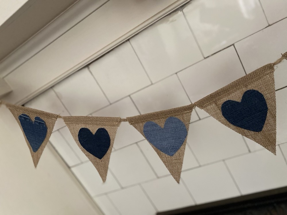 String Pennant Triangles With Denim Hearts Made To Order USA 8-5”x7” PerString