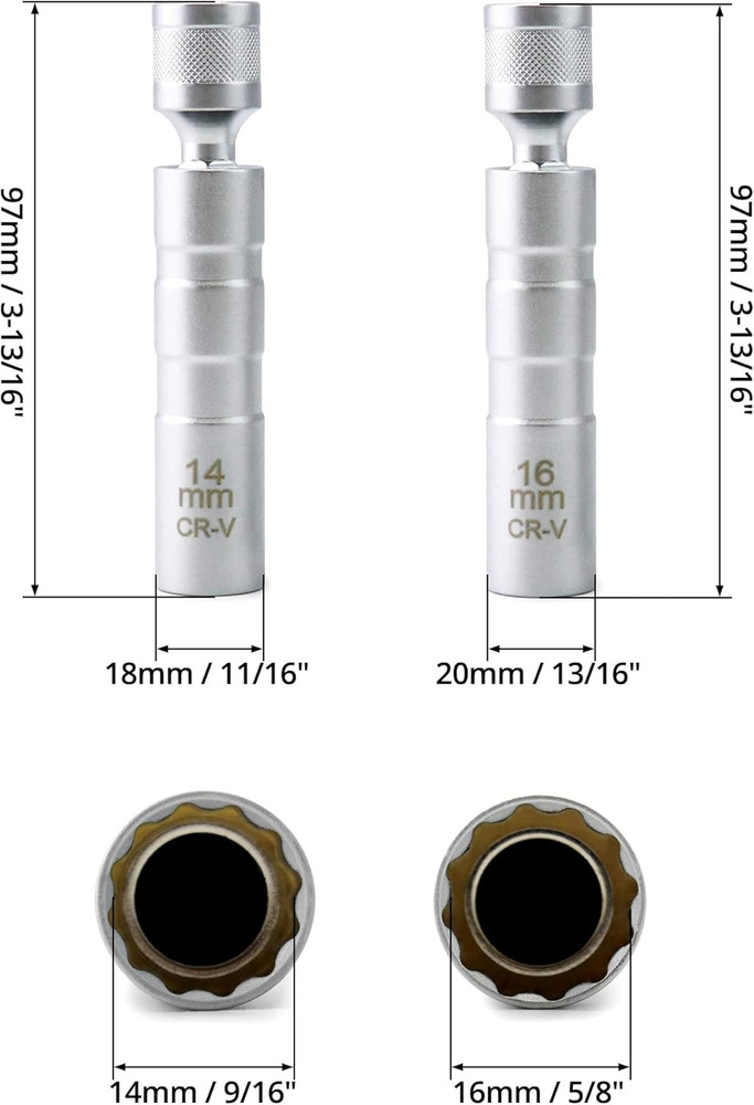 Magnetic Swivel Spark Plug Socket Set 14mm 16mm Thin Wall 3/8 Drive