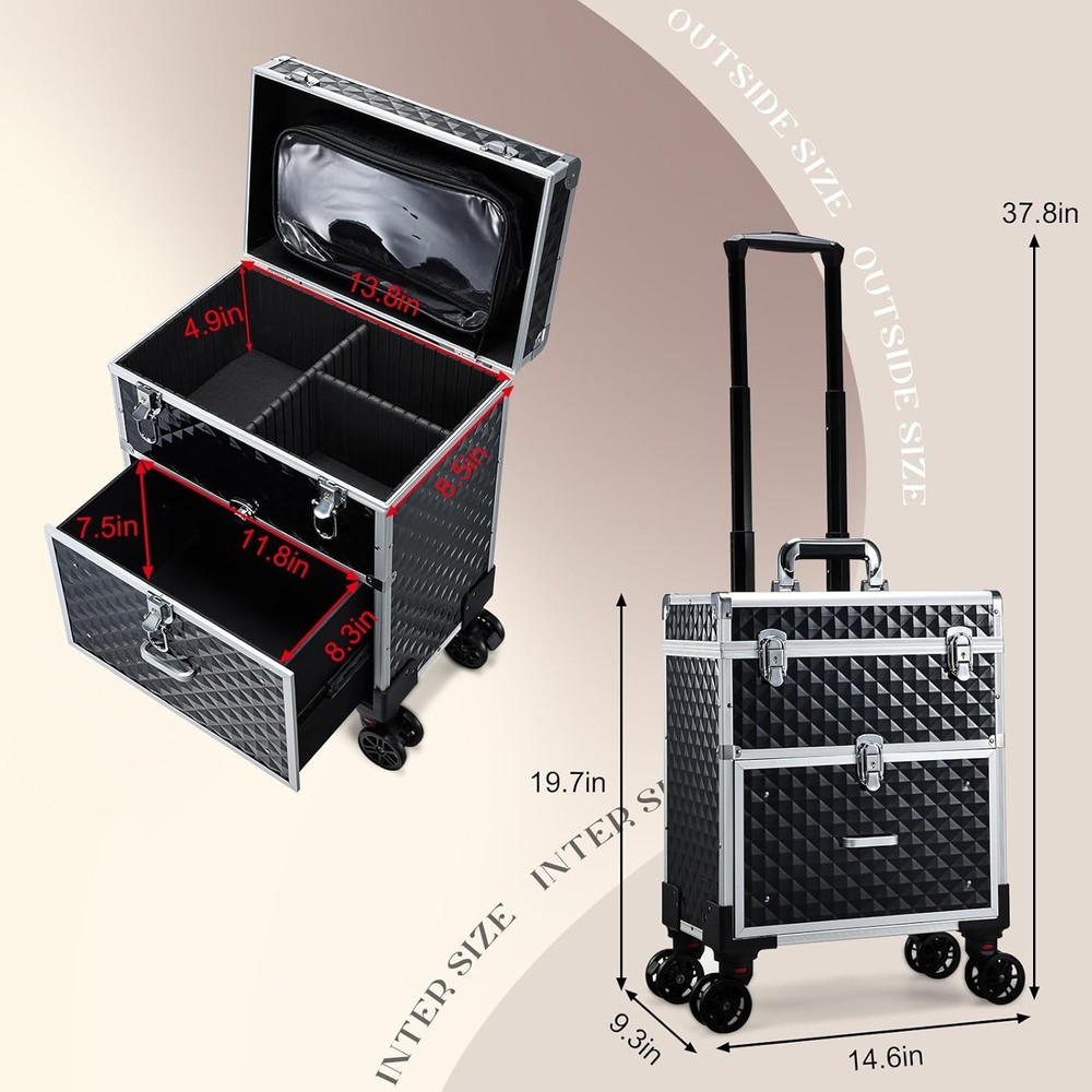 Rolling Makeup Case with Drawer for Makeup Artists Cosmetic Train Case