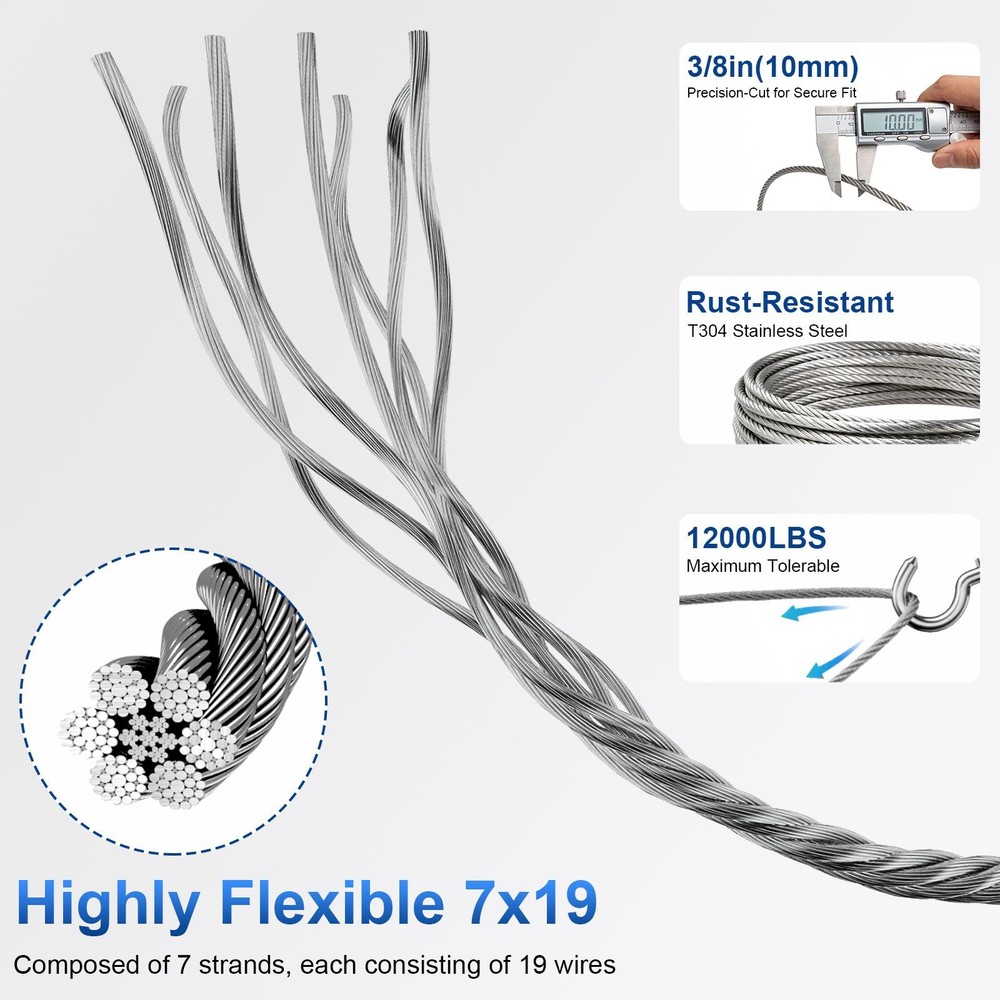 Stainless Steel Cable for Railing - 100FT 3/8" for Deck Railings System Kit