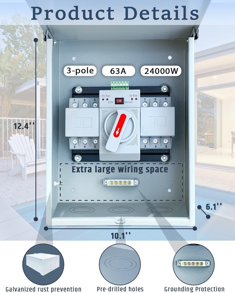 63A Automatic Transfer Switch for Generator, 3P, 120/240V Dual Power Generator T