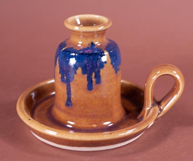 Morgan Pottery Studio Blue Drip Glaze Candlestick Holder Loop Handle