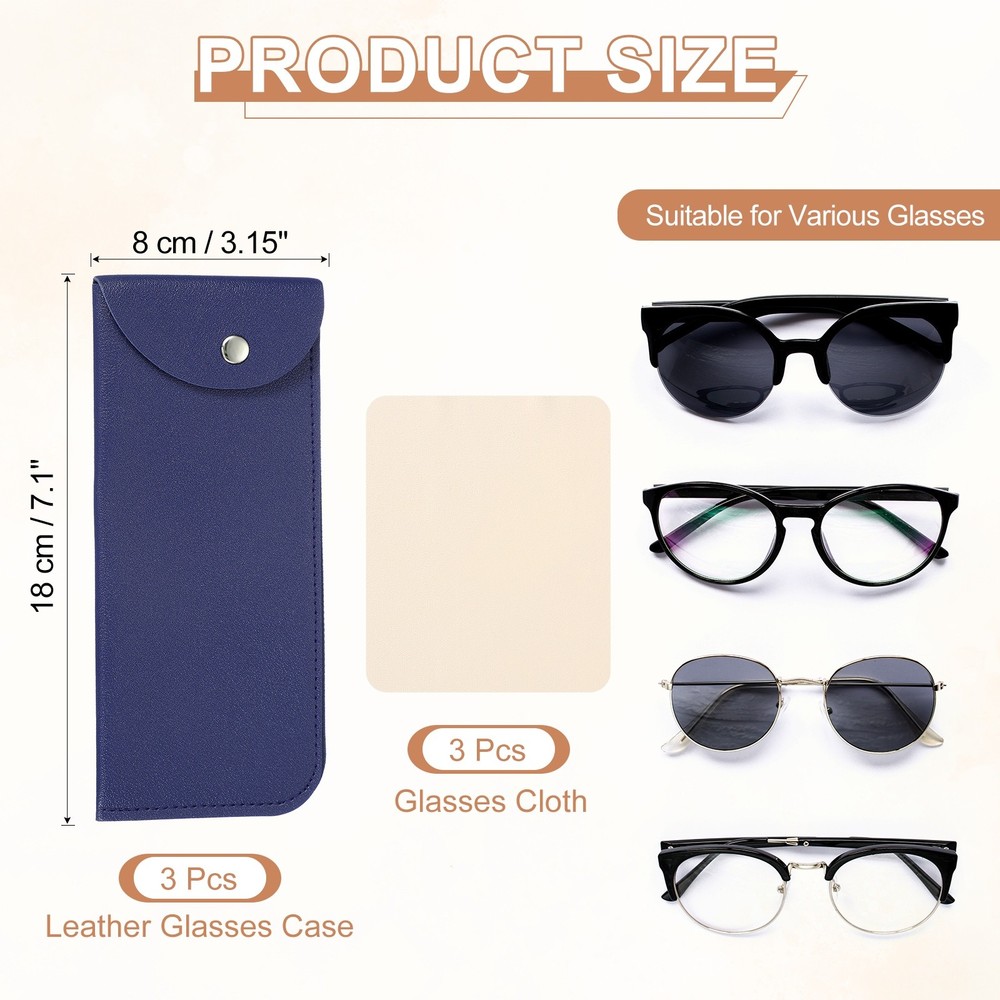 3 Pack Snap Portable Leather Glasses Case with 3 Glasses Cloth, Blue