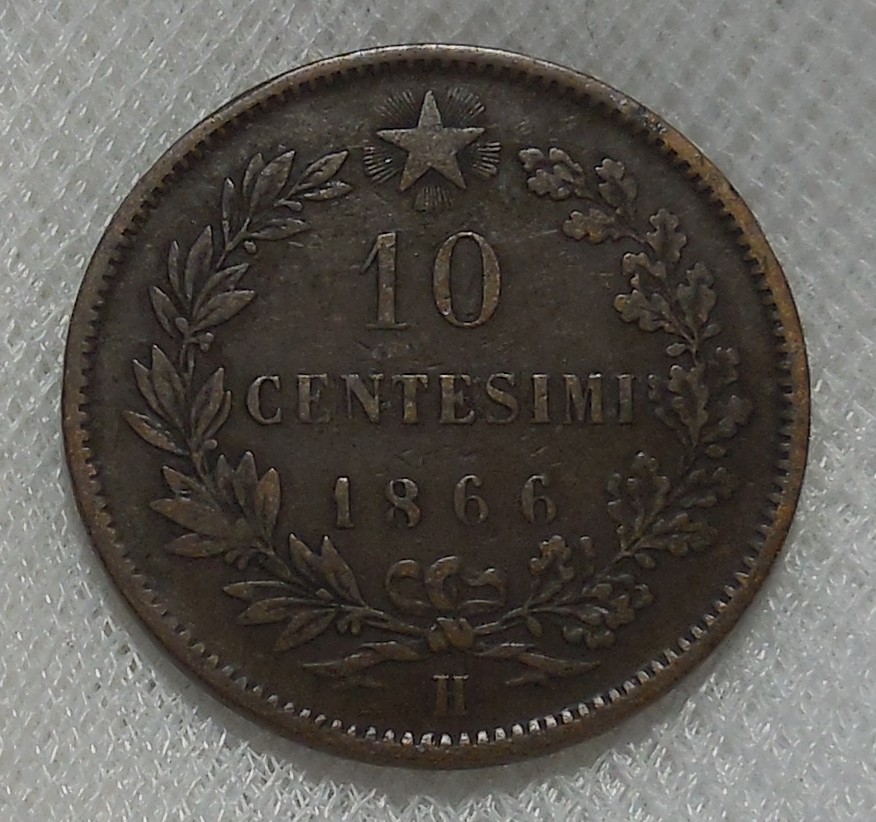 1866 H ITALY 10 CENTESIMI COIN