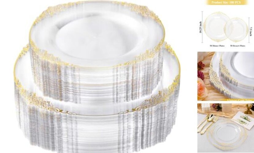 PCS and Gold Plastic Plates for 50 Guests Disposable Plates Include 100 Clear