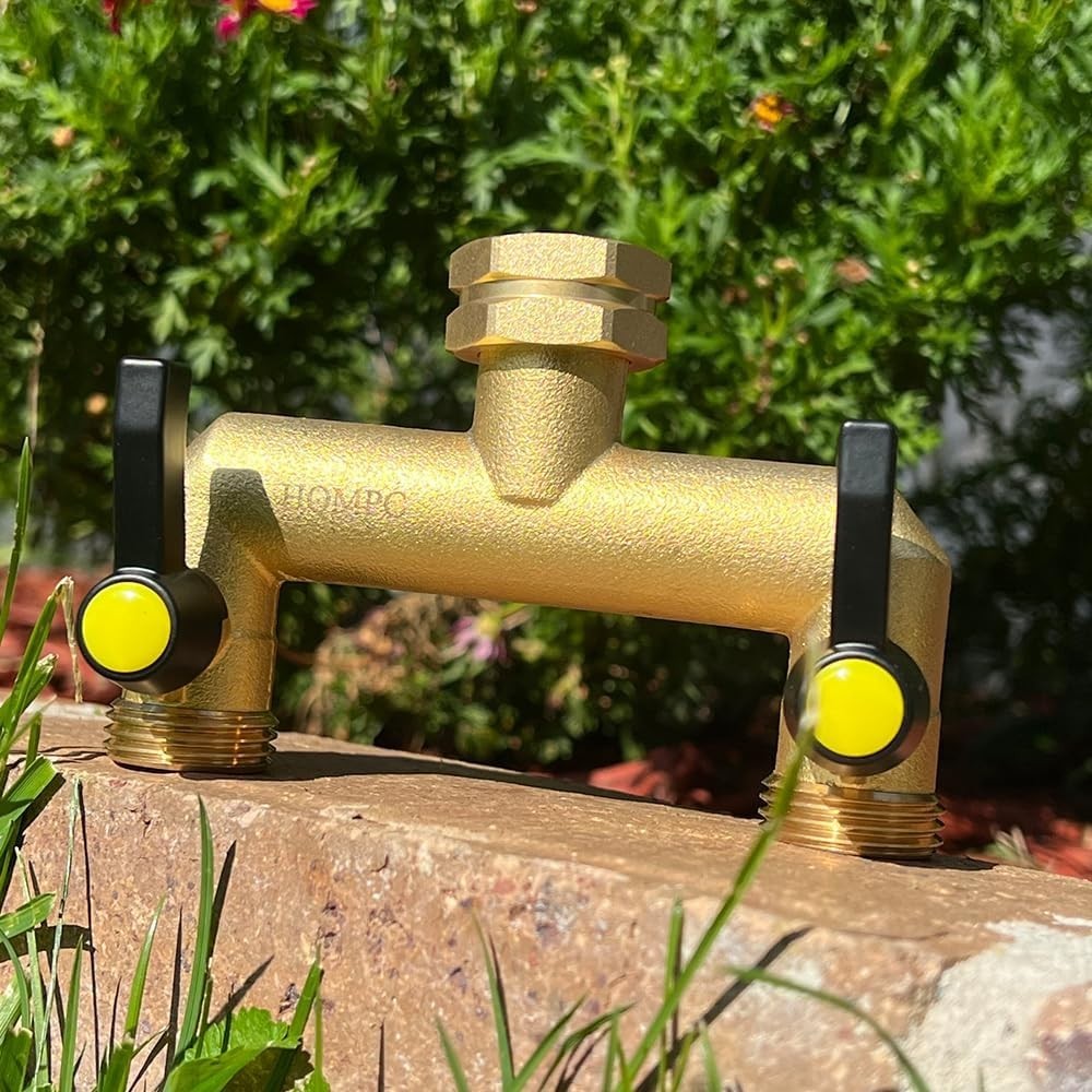 Functional 2 Way Water Splitter - Solid Brass Garden Hose Connector 3/4" GHT