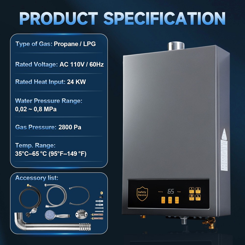 Tankless Water Heater Propane 3.6GPM 80,000 BTU 24KW Digital Display 110V US