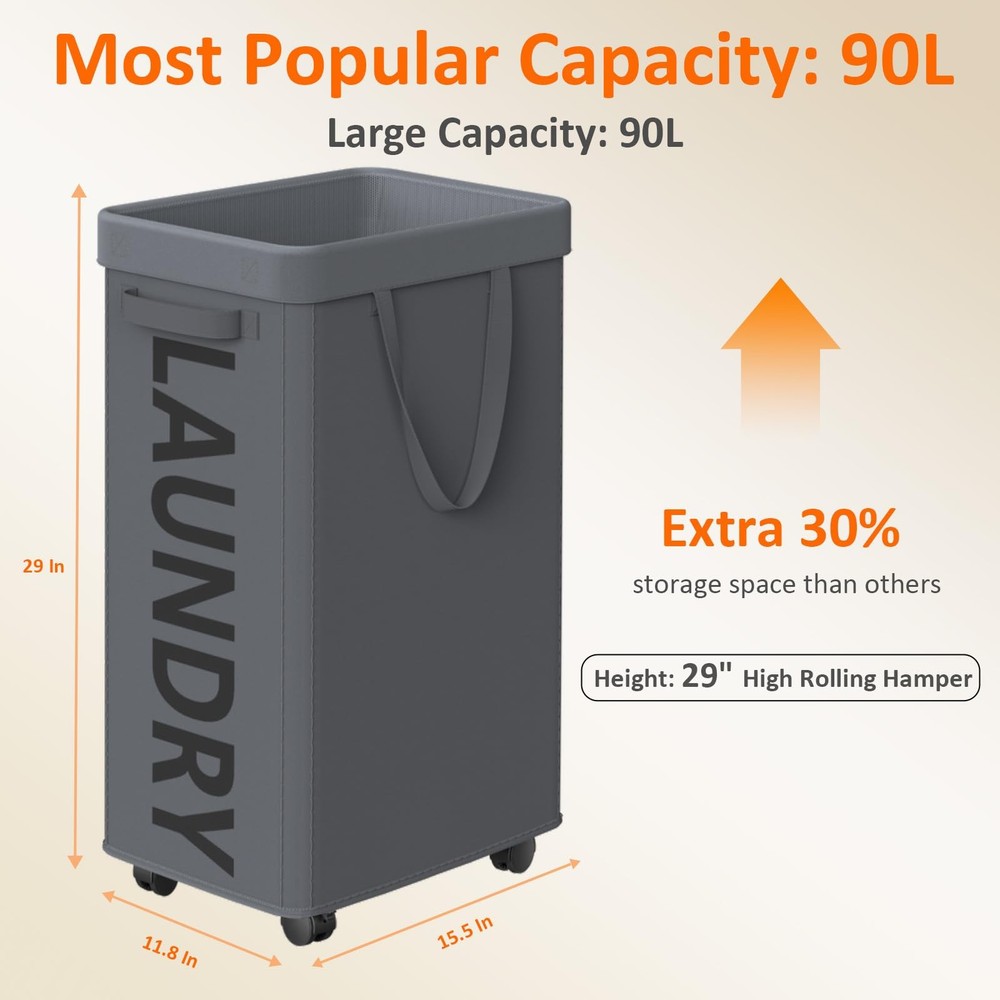 Laundry Basket with Wheels, 90L Rolling Laundry Hamper with Wheels, Large Clo...
