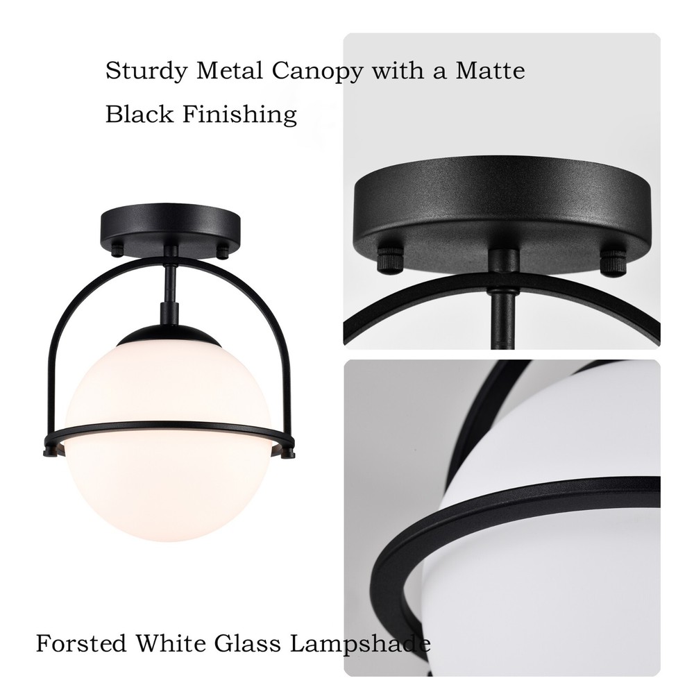 Flush Mount Globe Ceiling Light with Opal Glass Shade, Black E26 Base 1-Light