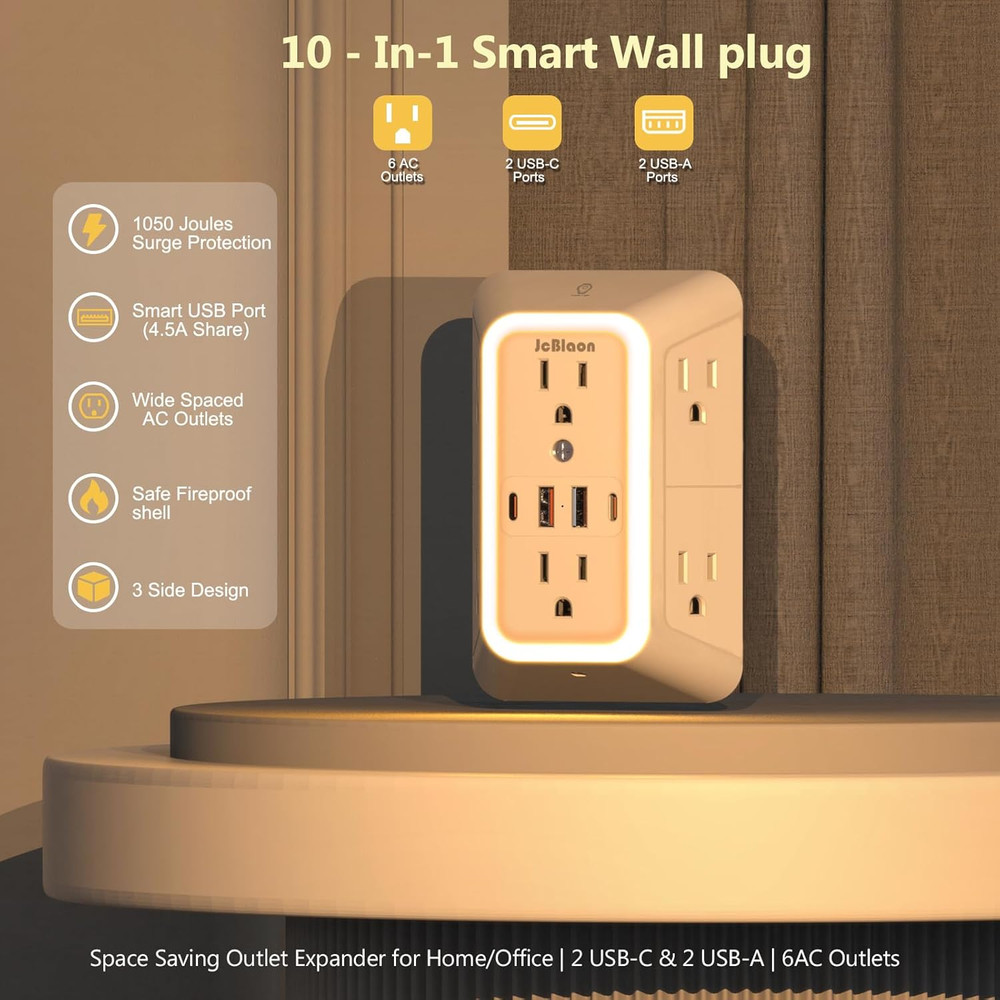 Wall Outlet Extender with Night Light, Power Plug Adapter Multi Plug Outlet Surg