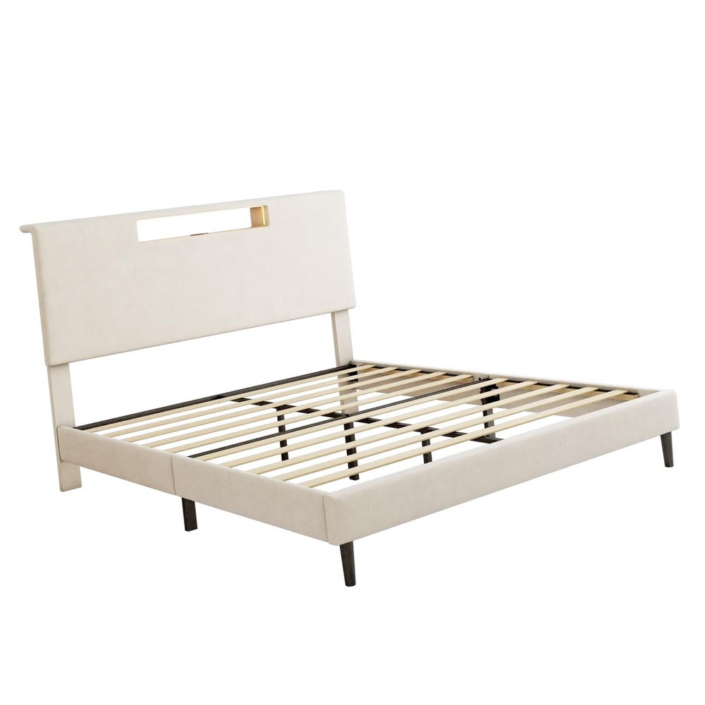 Upholstered Platform Bed Large Size Frame With LED Light And Charging Function