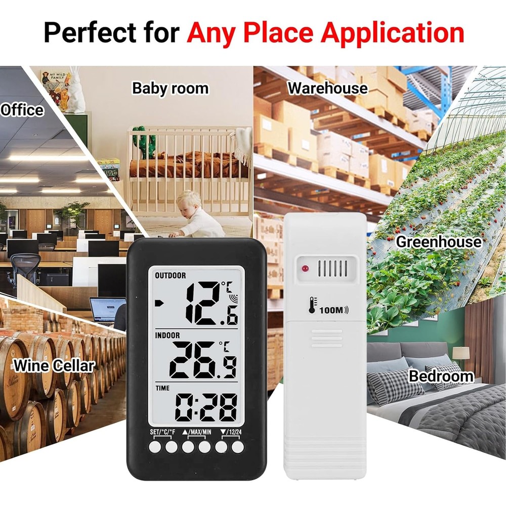 Indoor/Outdoor Digital Thermometer Clock Temperature Wireless Transmitter Meter