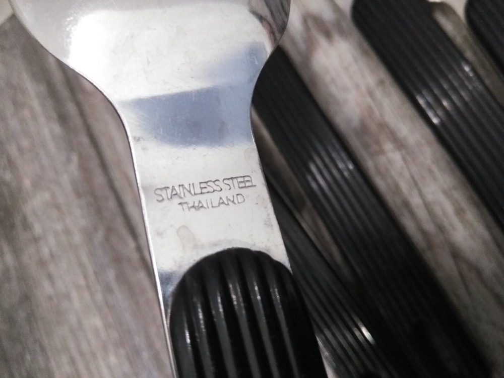 Vtg MCM Modern Flatware BLACK Plastic Handles Square Style MIC Stainless 16-PCS
