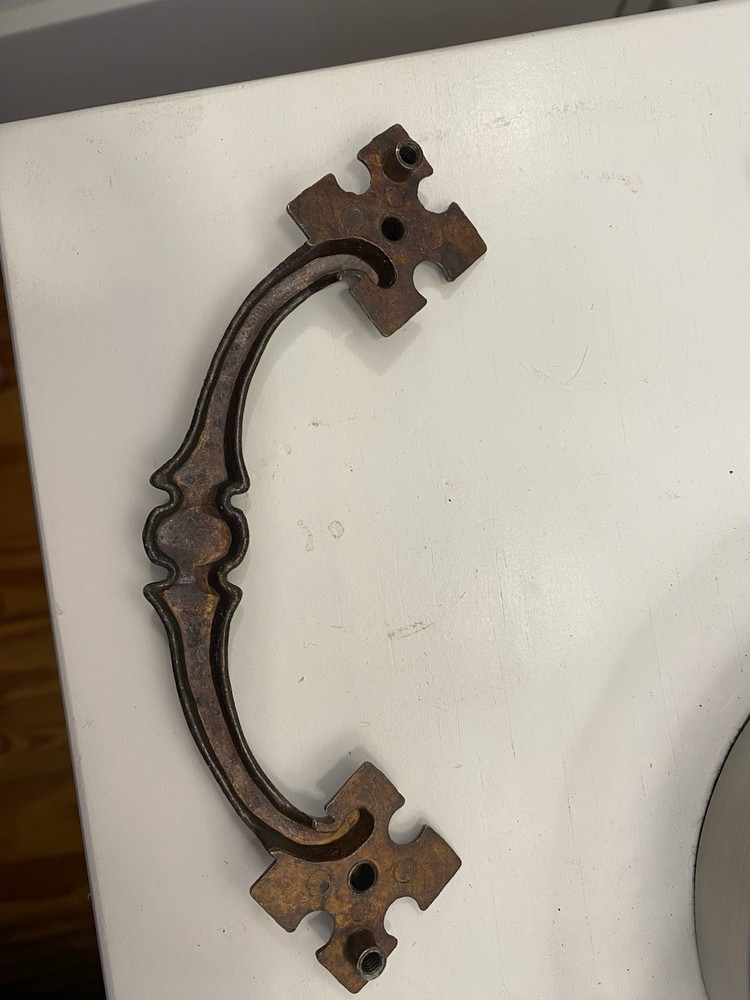Antique Iron Bail Handle Pull w/ Gothic Cross Backplates – Victorian Hardware 6”