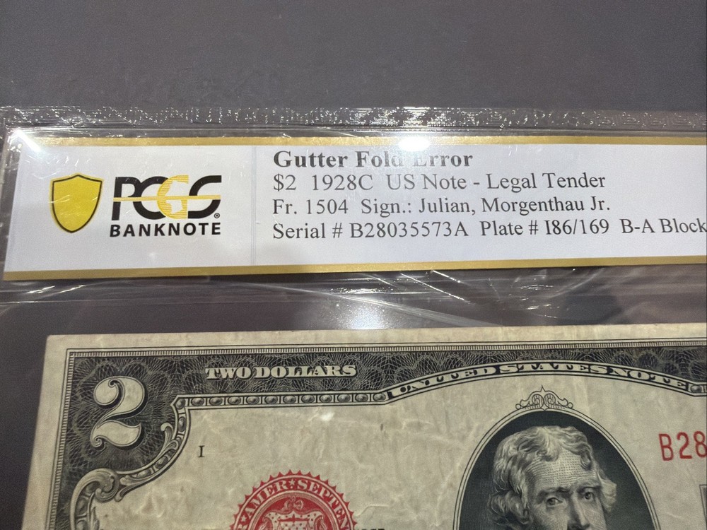 1928C $2 Legal Tender Gutter Fold Error Note Graded PCGS Very Fine 30