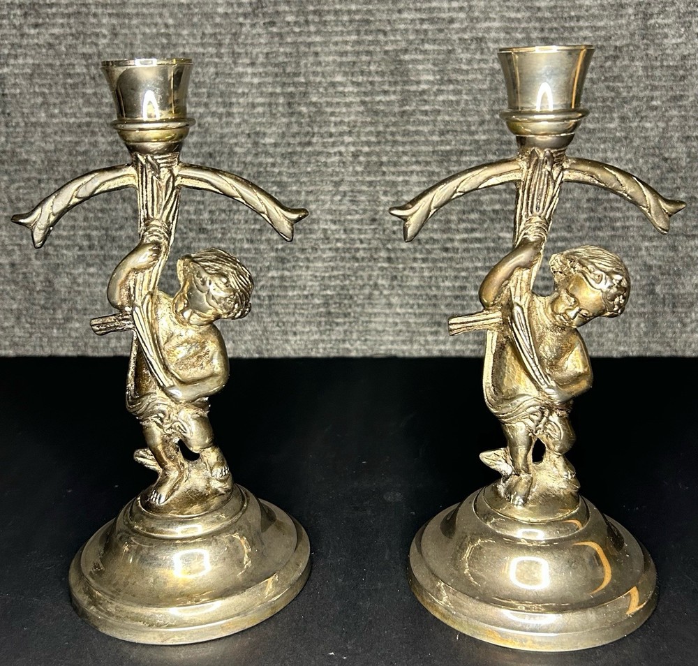 Vintage Silver Plated Cherub Candlestick  Pair 8”